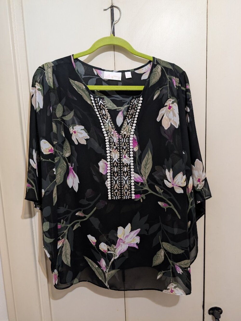 Cute Belle/Kim Gravel V-neck accent Sheer tunic w/matching Tank-Blk,Pnk,Wht -SzM